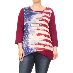 Women Plus Size 3/4 Sleeve American Flag Top Tee